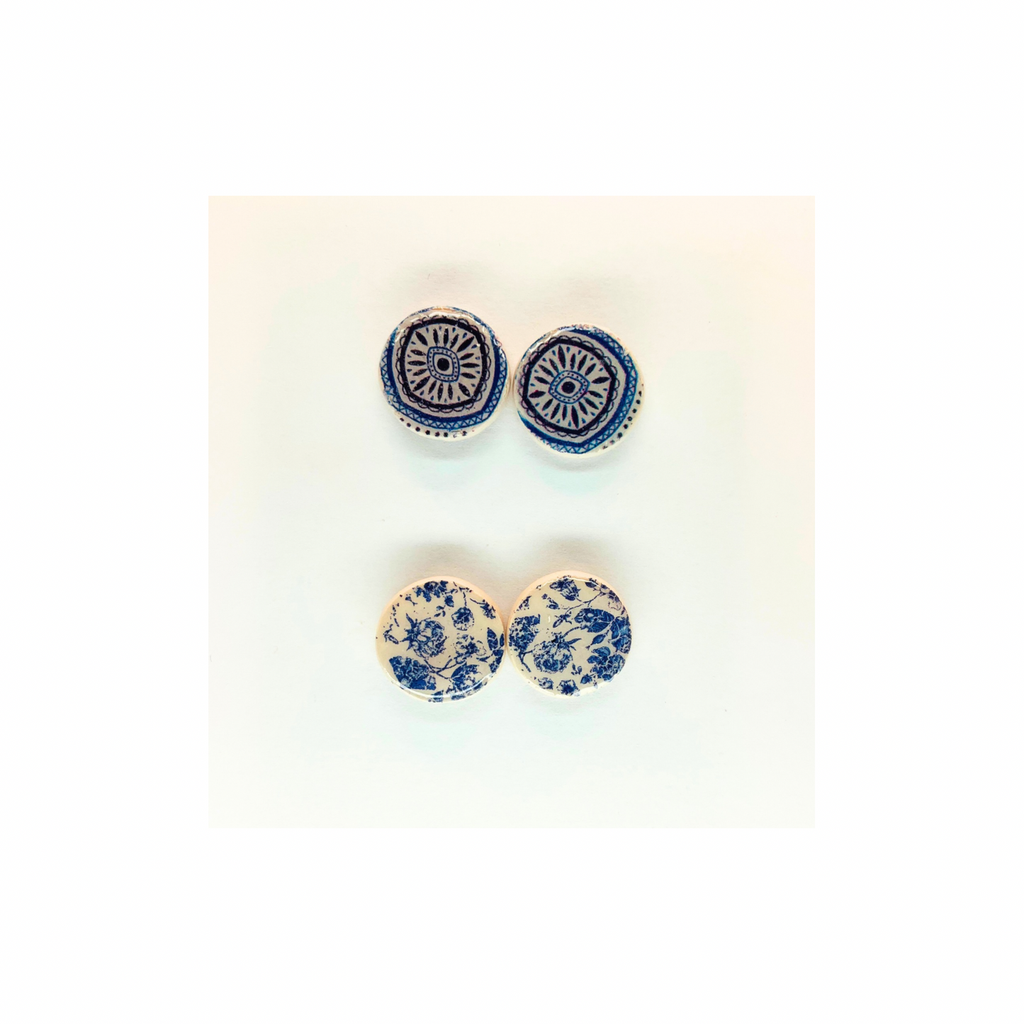 Blue and White Button Tile Stud Earrings