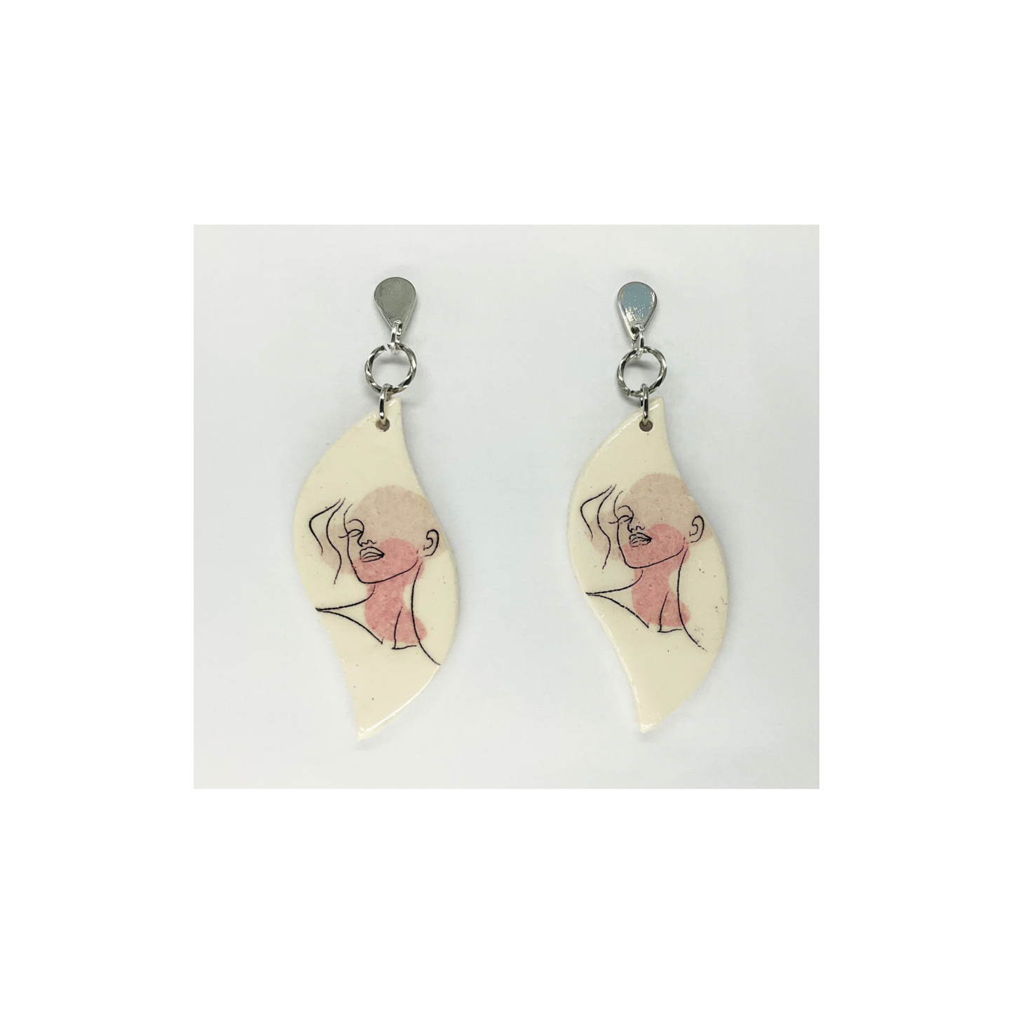 Woman Face Line Art Dangle with Silver Teardrop Stud Earrings-Crafting By BB