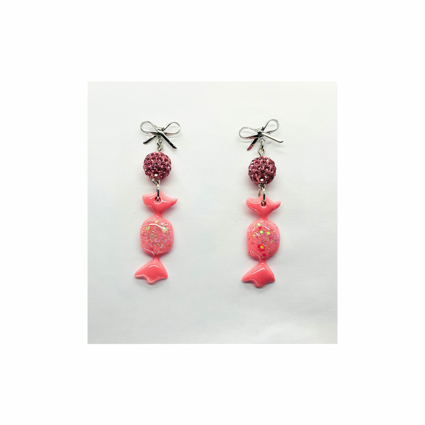 Pink Wrapped Candy Earrings with Sparkle Bead & Silver Stud Bow Dangle for Festive Wear
