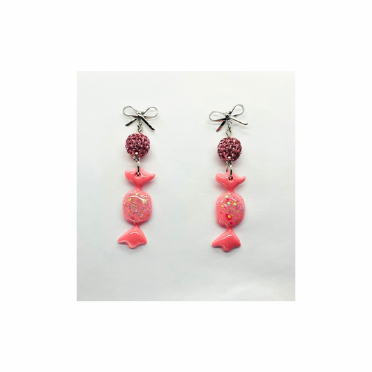 Pink Wrapped Candy Earrings with Sparkle Bead & Silver Stud Bow Dangle for Festive Wear