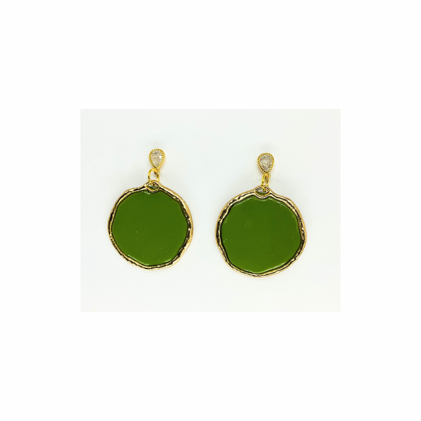 Olive Green and Gold Circle Dangle with Teardrop Rhinestone Stud Earrings-Crafting By BB