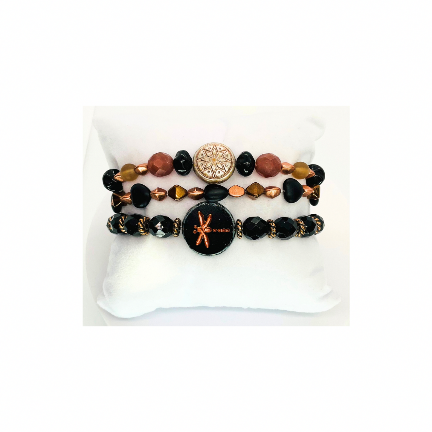 Black and Bronze Dragonfly Stretch Stacked Set of Three Bracelets with Unique Bead Designs and Adjustable Fit for Everyday Wear