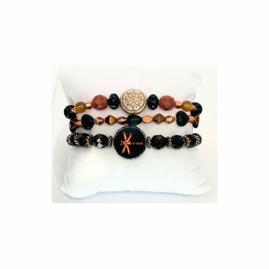 Black and Bronze Dragonfly Stretch Stacked Set of Three Bracelets with Unique Bead Designs and Adjustable Fit for Everyday Wear