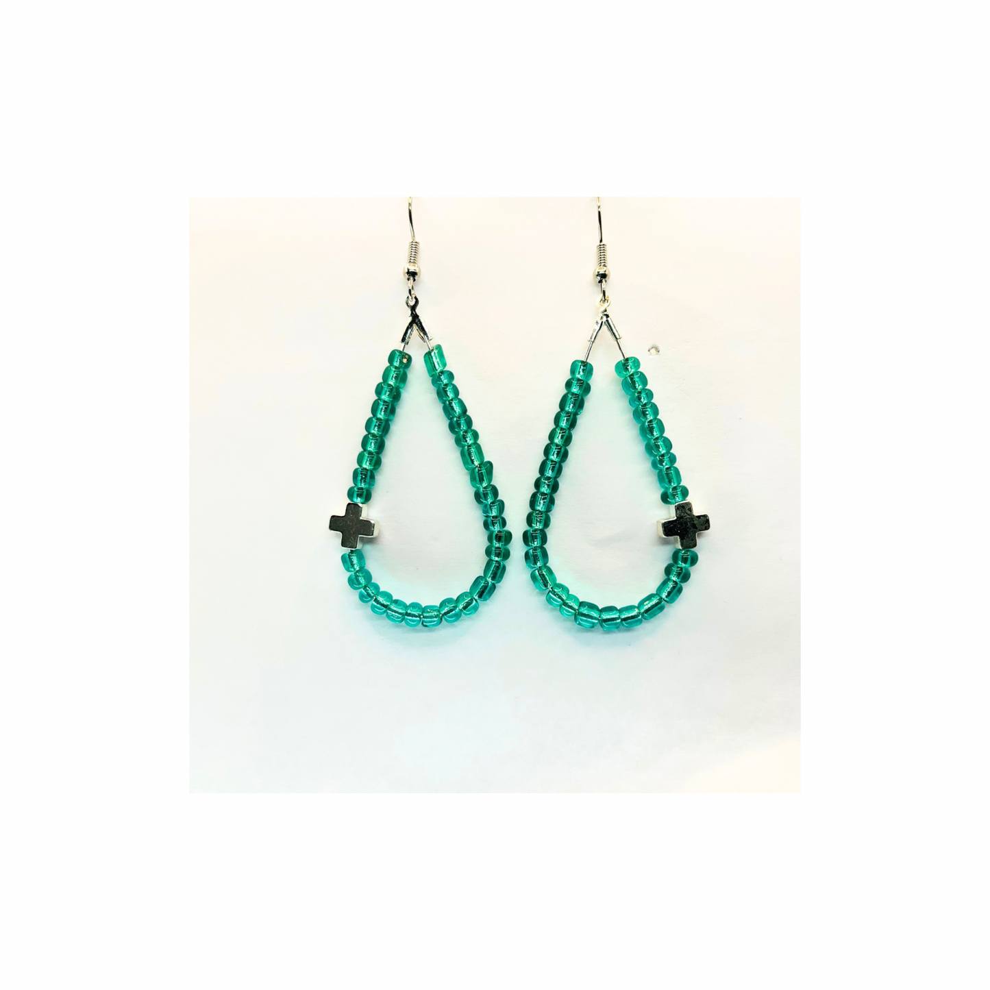 Teardrop  Glass Turquoise Seed Beads with a Silver Cross