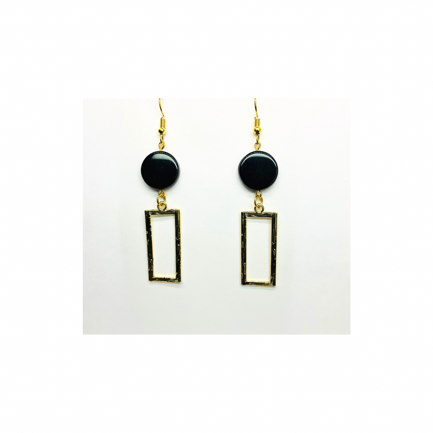 Eclipse Collection Black Button Gold Rectangle Dangle Earring with Unique Design Elements for Women's Fashion Jewelry