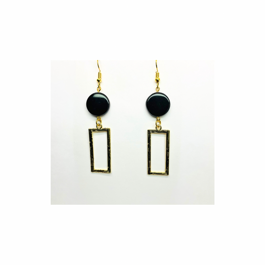 Eclipse Collection Black Button Gold Rectangle Dangle Earring with Unique Design Elements for Women's Fashion Jewelry