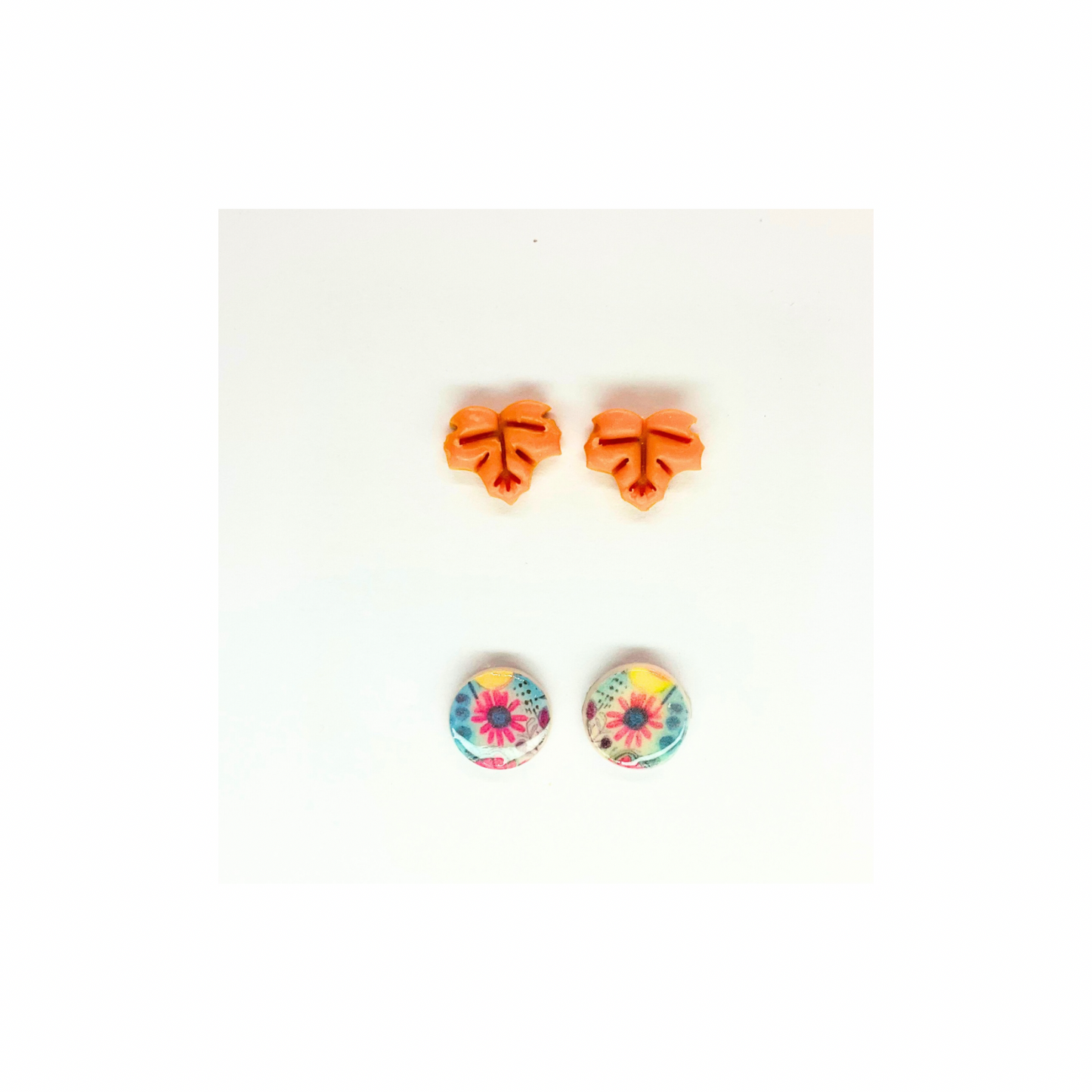 Fall Collection Yellow Leaf and Round Flower Stud Earrings - Yellow Leaves & Colorful Floral Design