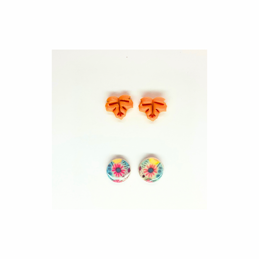 Fall Collection Yellow Leaf and Round Flower Stud Earrings - Yellow Leaves & Colorful Floral Design