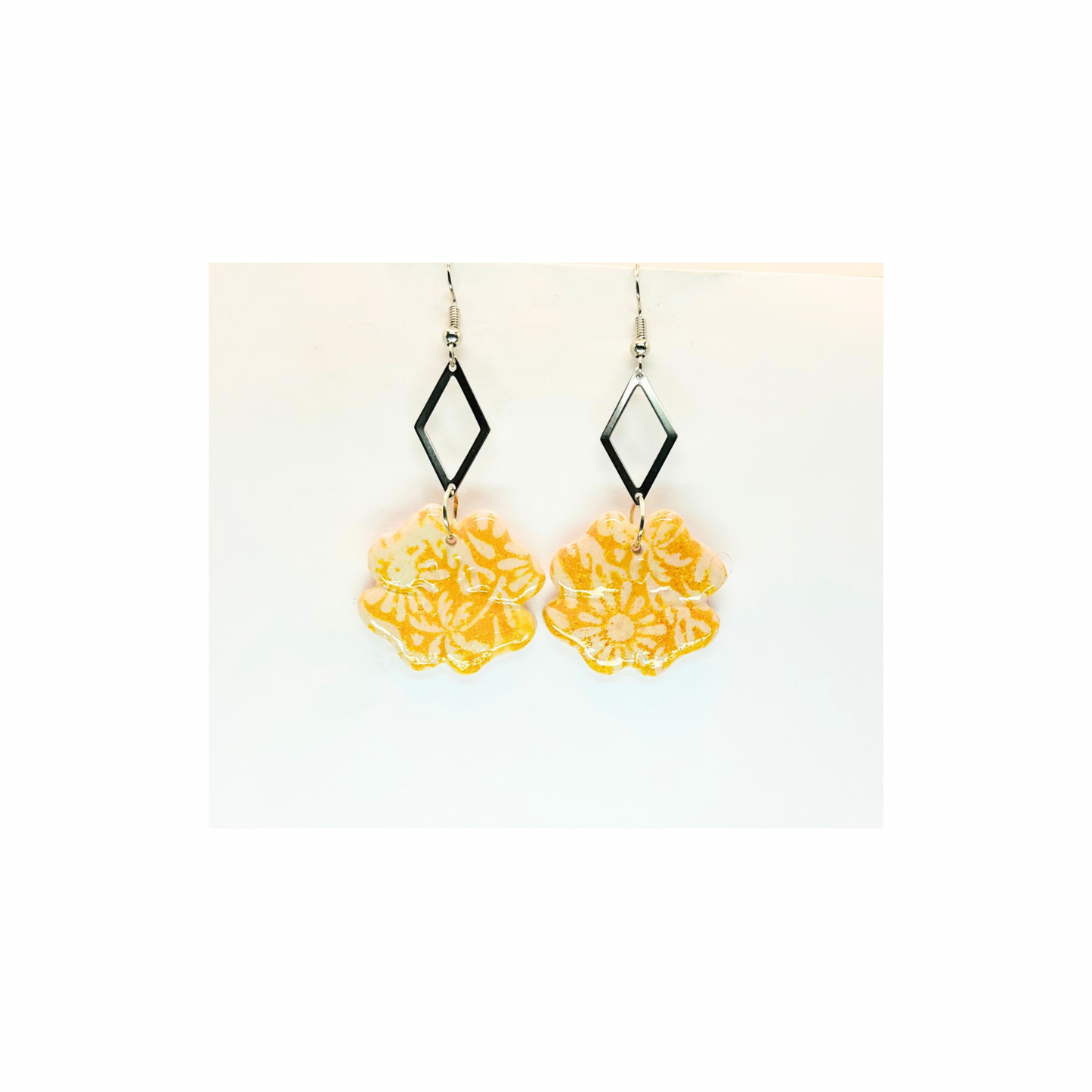 Beach Bloom Collection Yellow Four Corner Flower Dangle with Silver Diamond Embellishment Earrings