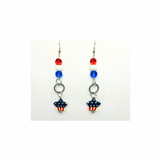 Patriotic Collection USA Star with Bead Dangle Earring for Female Patriotic Accessories Red White Blue Beads