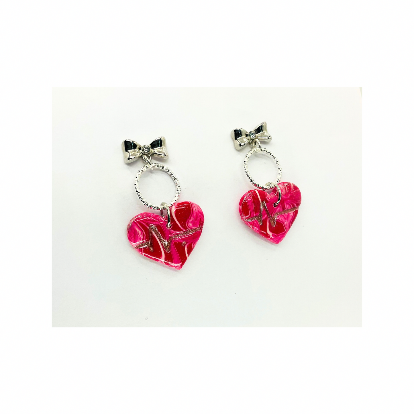 Earrings Featuring Marble Pink Silver Heart with Round Loop and Silver Bow Stud Earrings