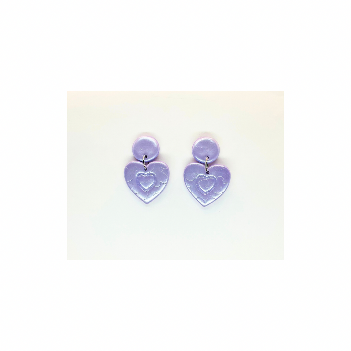 Light Purple Iridescent Stud with Pressed Hearts Dangle Earrings