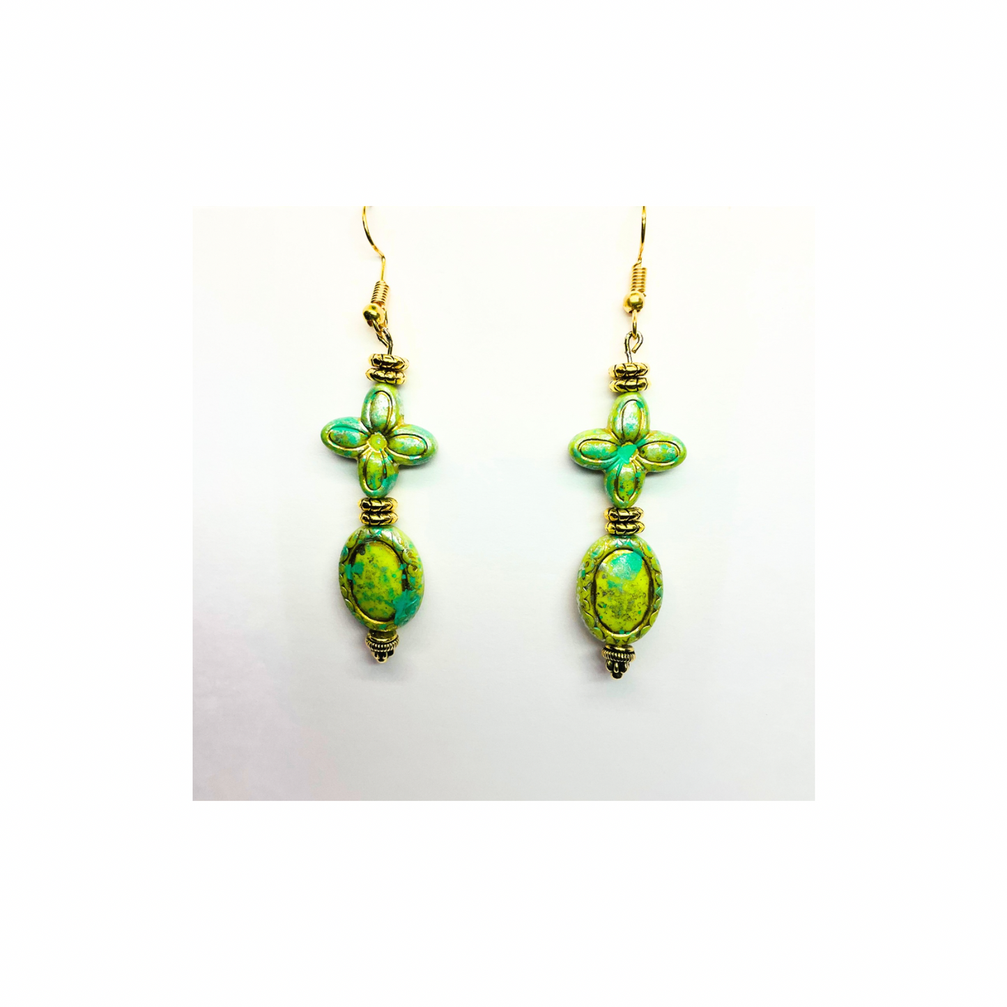 Green and Gold Czech Acrylic Vintage Blossom Bead Earrings