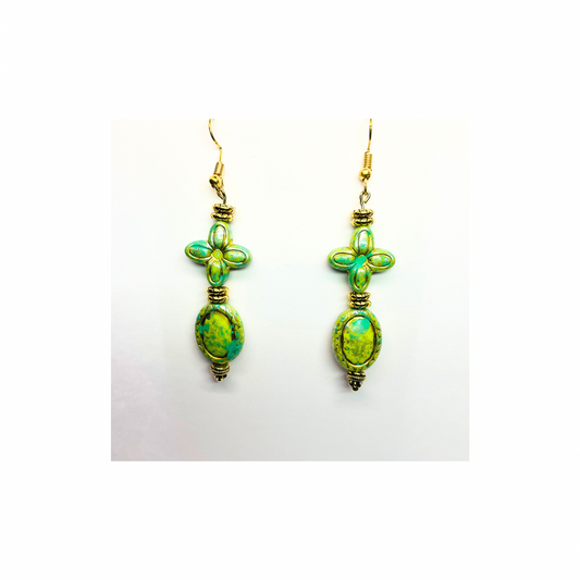 Green and Gold Czech Acrylic Vintage Blossom Bead Earrings