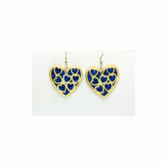 Blue Stained Glass Heart Earrings Handmade Wood Cutout with Sparkle Resin Silver Dangle Ear Hook Unique One-of-a-Kind Jewelry