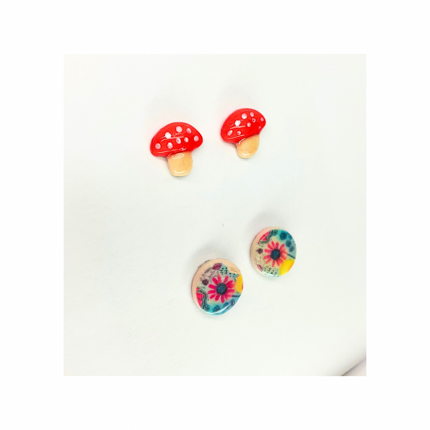 Fall Collection Mushroom and Flower Stud Earrings - Red and White Design