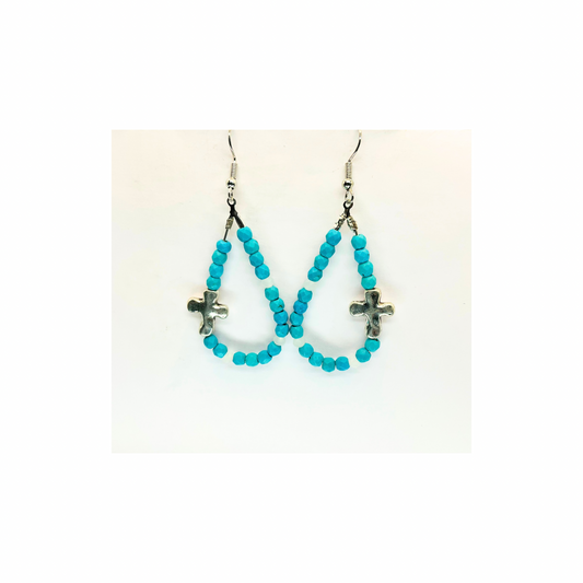 Turquoise Teardrop Dangle Earring with Silver Cross