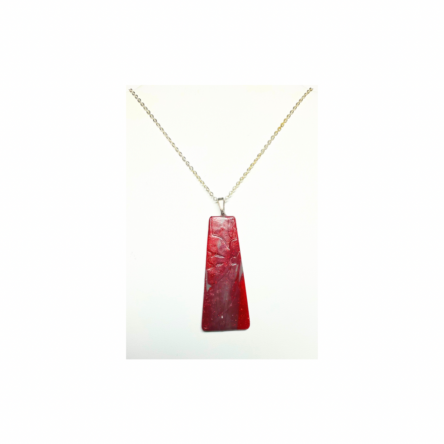 Handmade Red Polymer Clay Pendant with Pressed Flower Impressions on 18-inch Silver Chain Unique & Quality Crafted Jewelry