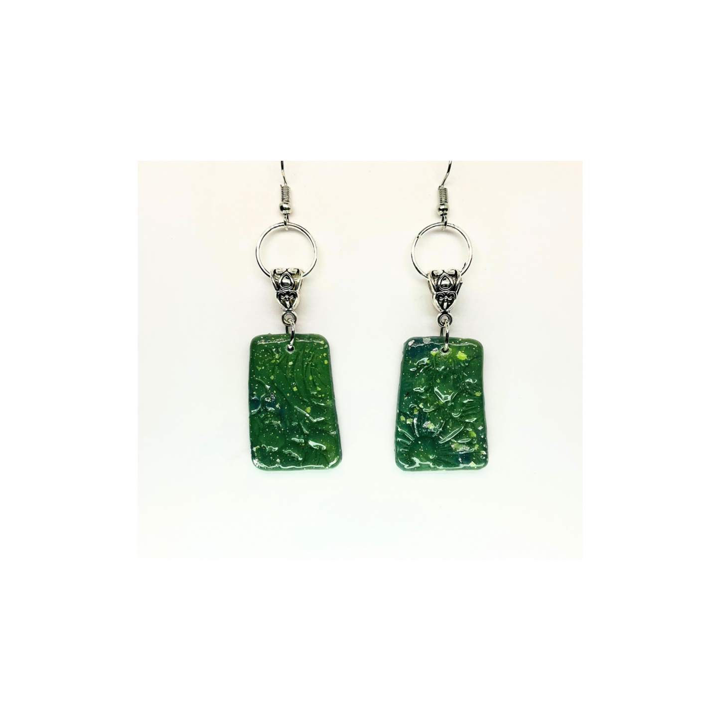 Jade Green Color with Silver Circle Dangle Earring - Simple Design Earrings Featuring a Rectangular Shape and Silver Circle Accent