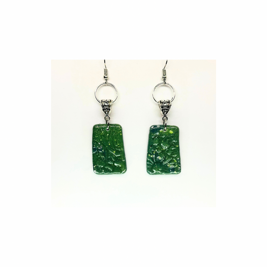 Jade Green Color with Silver Circle Dangle Earring - Simple Design Earrings Featuring a Rectangular Shape and Silver Circle Accent