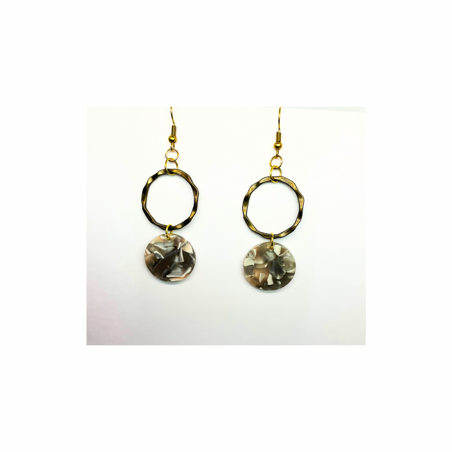 Tortoise Collection Gray and Beige Circle Gold Dangle Earring with Unique Tortoise Shell Design