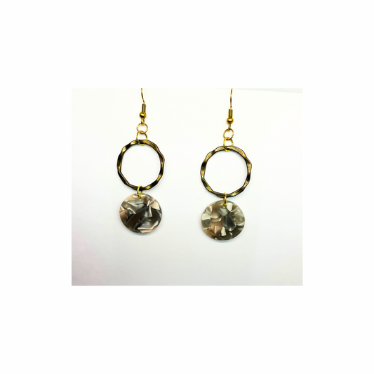 Tortoise Collection Gray and Beige Circle Gold Dangle Earring with Unique Tortoise Shell Design