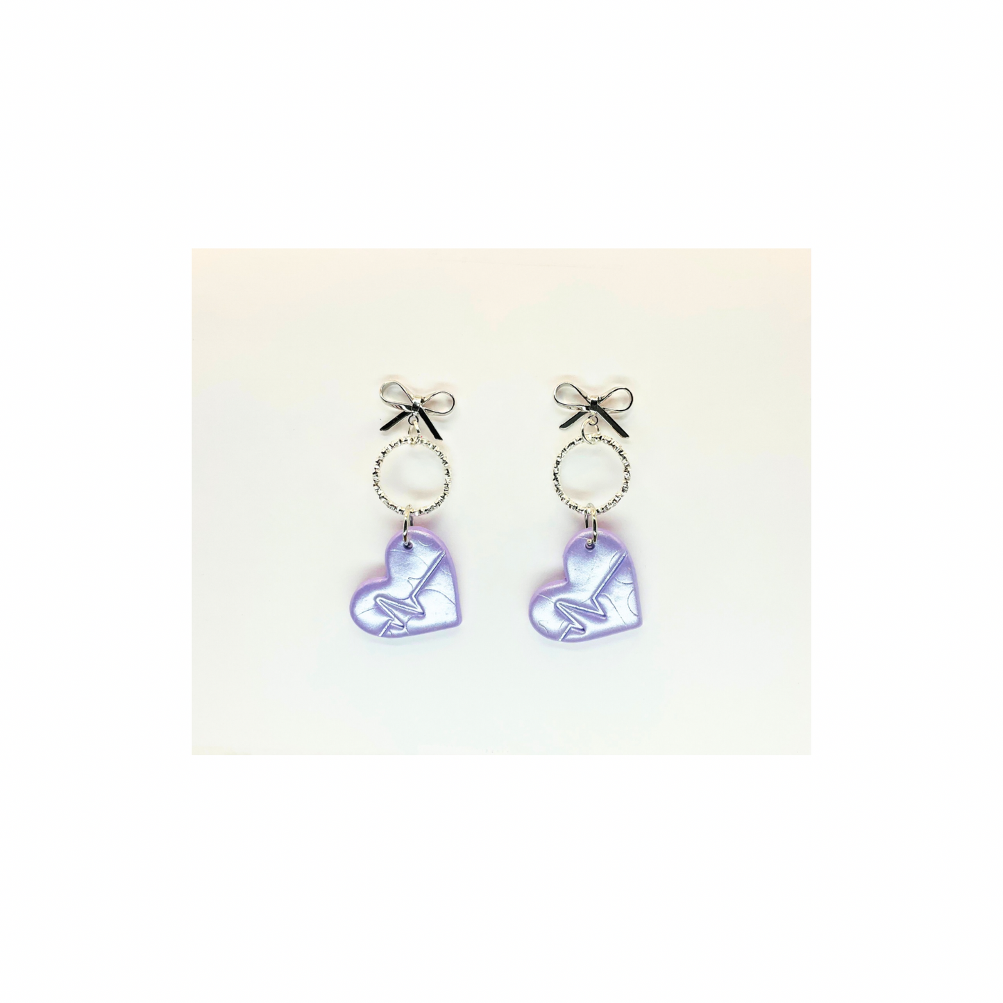 Light Purple Iridescent Heart Dangle with Silver Stud Bow Earrings