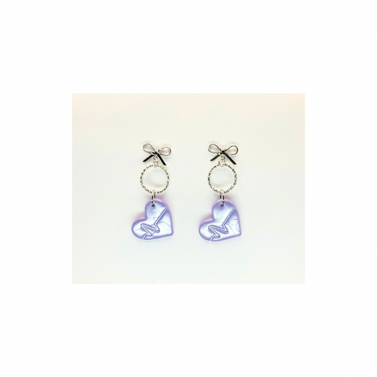 Light Purple Iridescent Heart Dangle with Silver Stud Bow Earrings