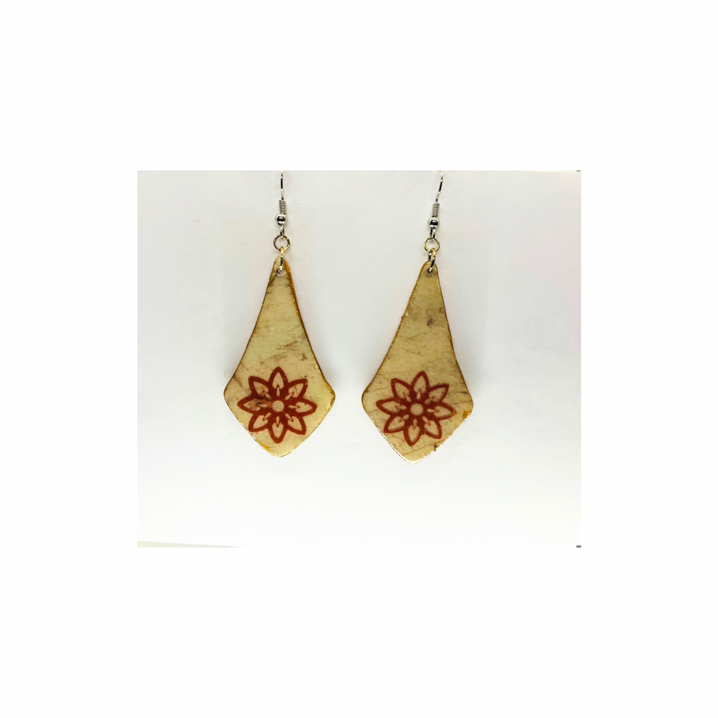 Wood Star Flower Dangle Earring Handmade UV Resin Silver Ear Wire Unique Design Handcrafted Wooden Cutout with Star Flower Embellishment