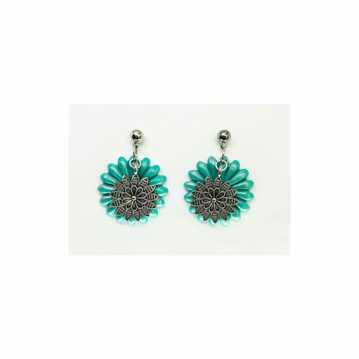 Turquoise Flower Dangle with Silver Flower Charm on Ball Silver Ball Stud Earrings-Crafting By BB