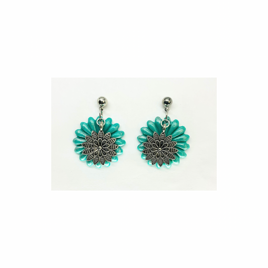 Turquoise Flower Dangle with Silver Flower Charm on Ball Silver Ball Stud Earrings-Crafting By BB