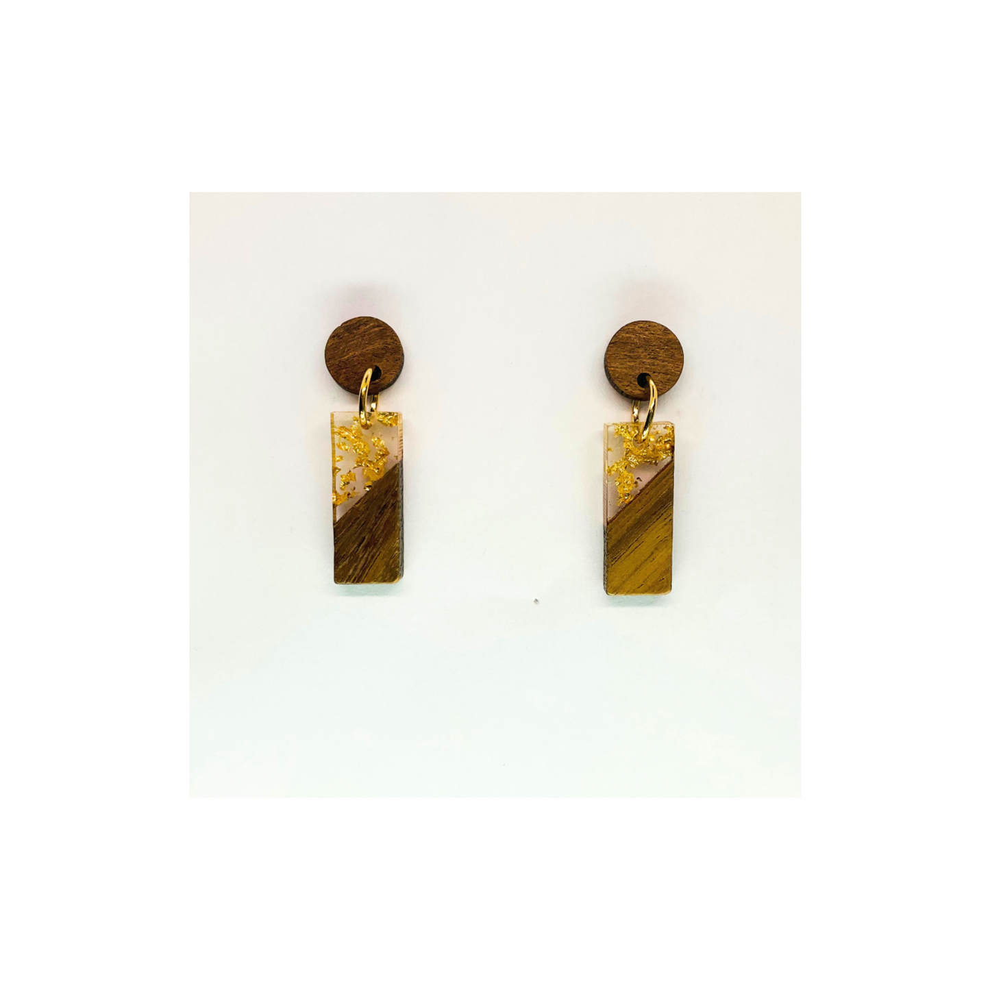 Boho Wood Collection Short Drop Rectangle Stud Earrings with Gold Accents and Wooden Discs