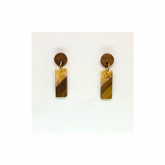 Boho Wood Collection Short Drop Rectangle Stud Earrings with Gold Accents and Wooden Discs