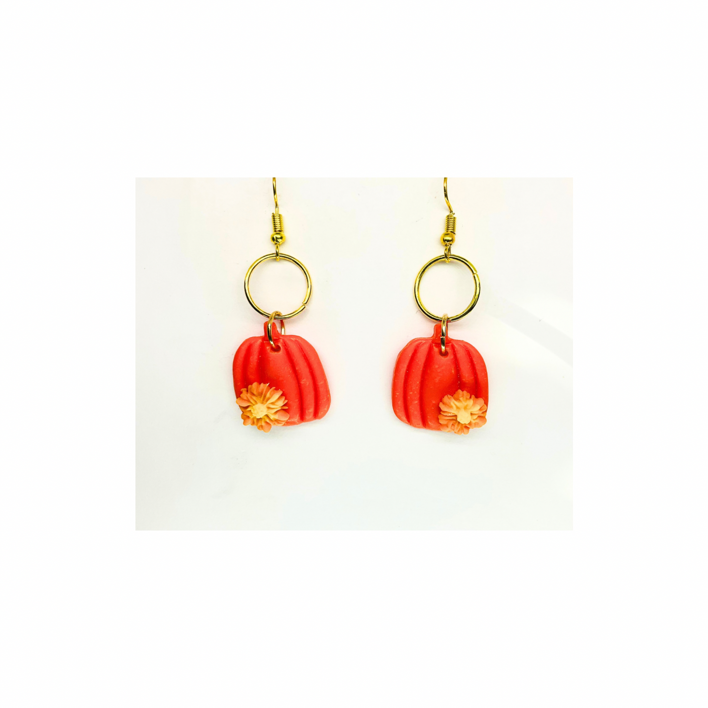 Fall Collection Orange Pumpkin with Small Flower and Circle Gold Dangle Earring - Unique Design Jewelry Accessory