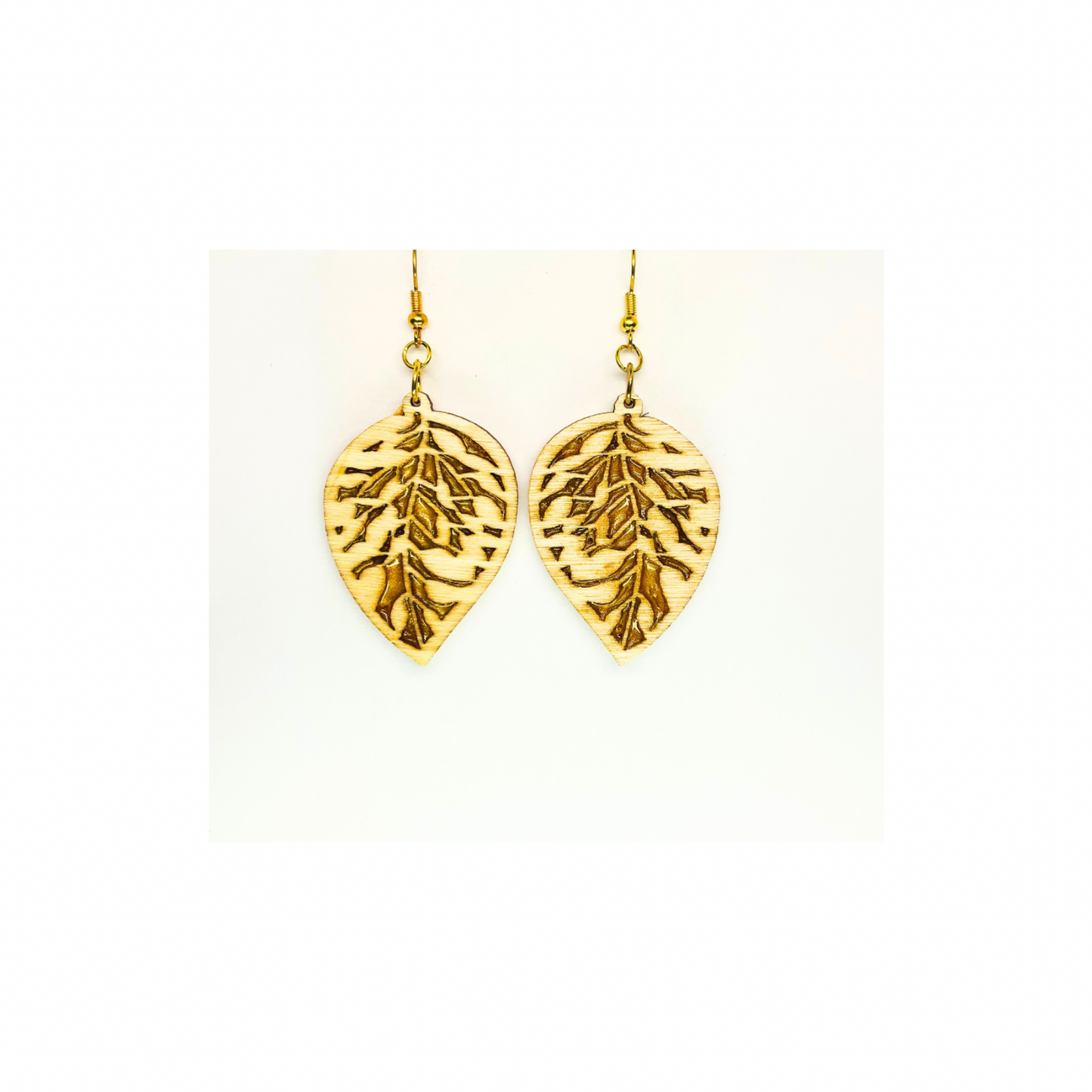 Wood Leaf Earrings with Gold Accent - Tan Wood Drop Design with Gold Resin Veins