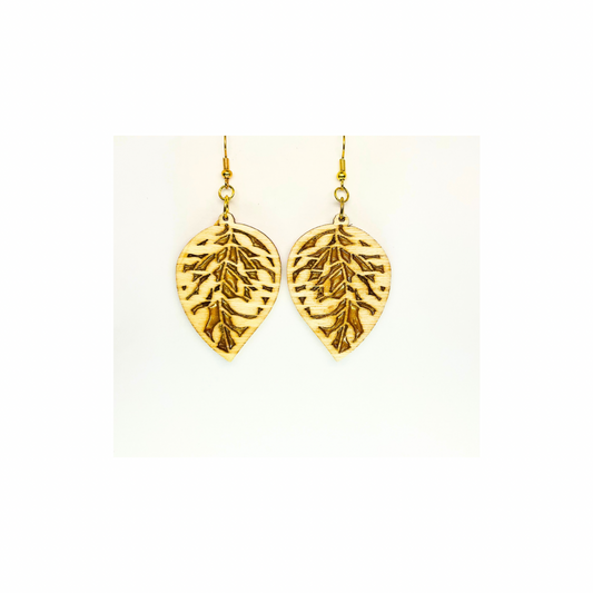 Wood Leaf Earrings with Gold Accent - Tan Wood Drop Design with Gold Resin Veins
