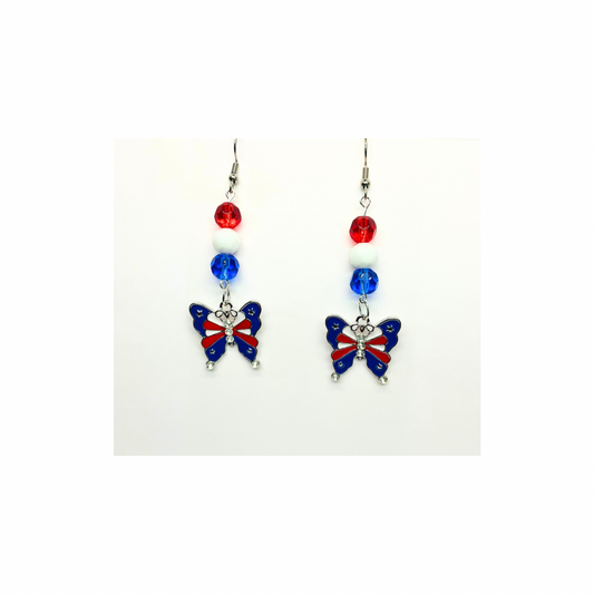Patriotic Collection Butterfly Charm with Bead Dangle Earrings - Elegant Red White Blue Beads & Patriotic Butterfly Design for Women