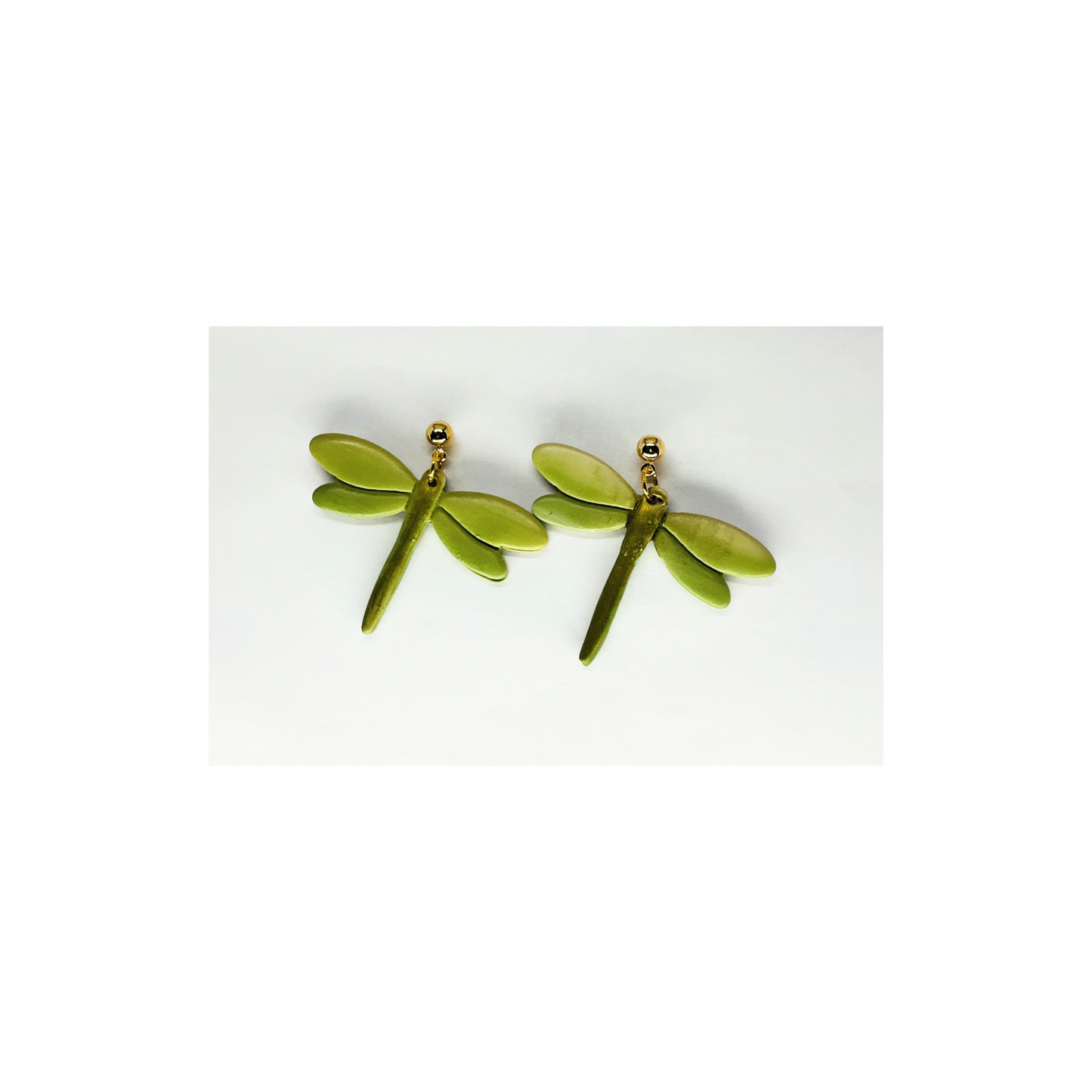 Green and Gold Variegated Dragonfly Dangle with Gold Ball Stud Earrings-Crafting By BB
