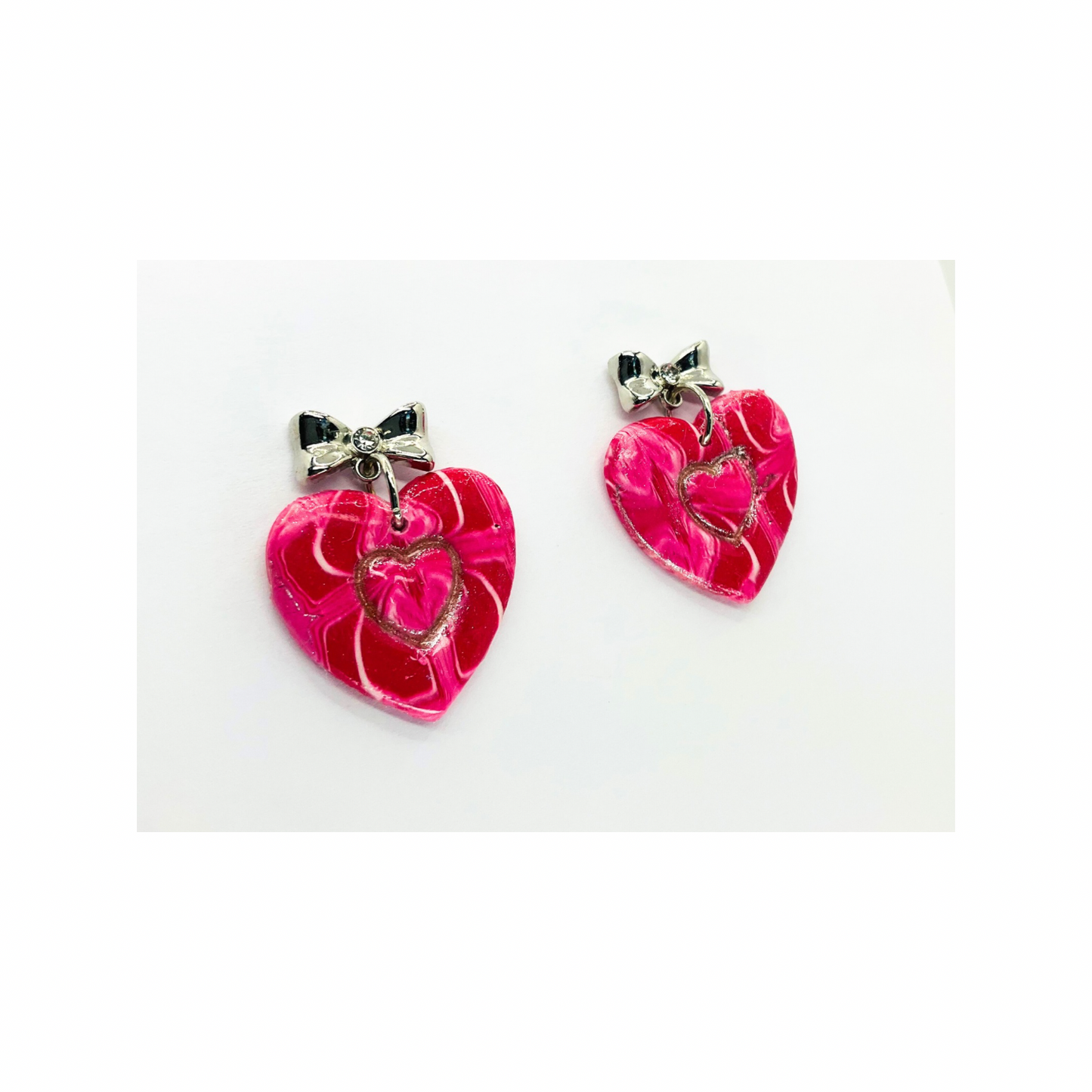 Pink Silver Marble Heart with Bow Stud Earrings