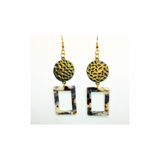 Tortoise Collection Brown Earrings with Gold Tarnished Hammered Circle Elegant Design for Women