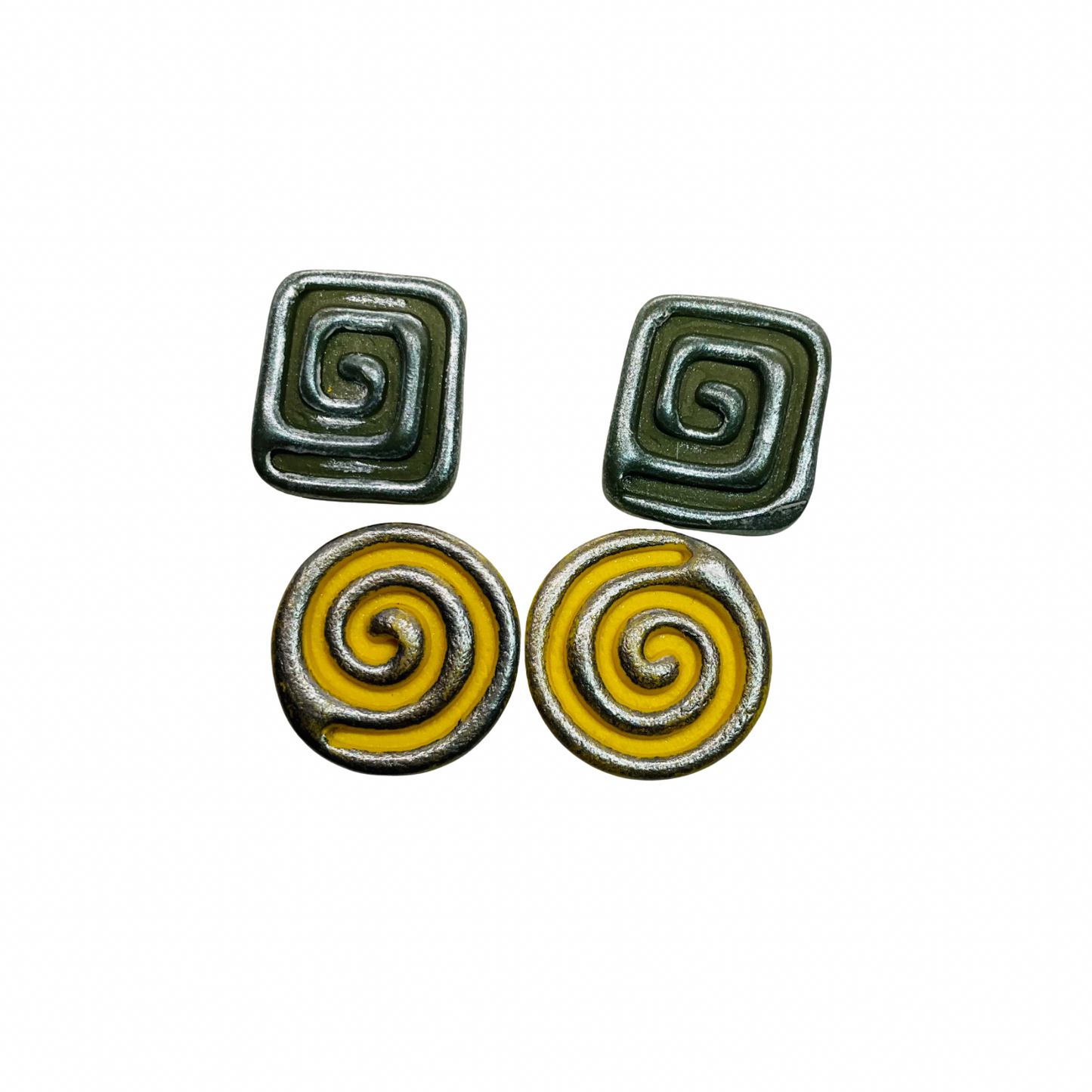 Swirl Stud Earrings in Army Green and Yellow with Silver Accents