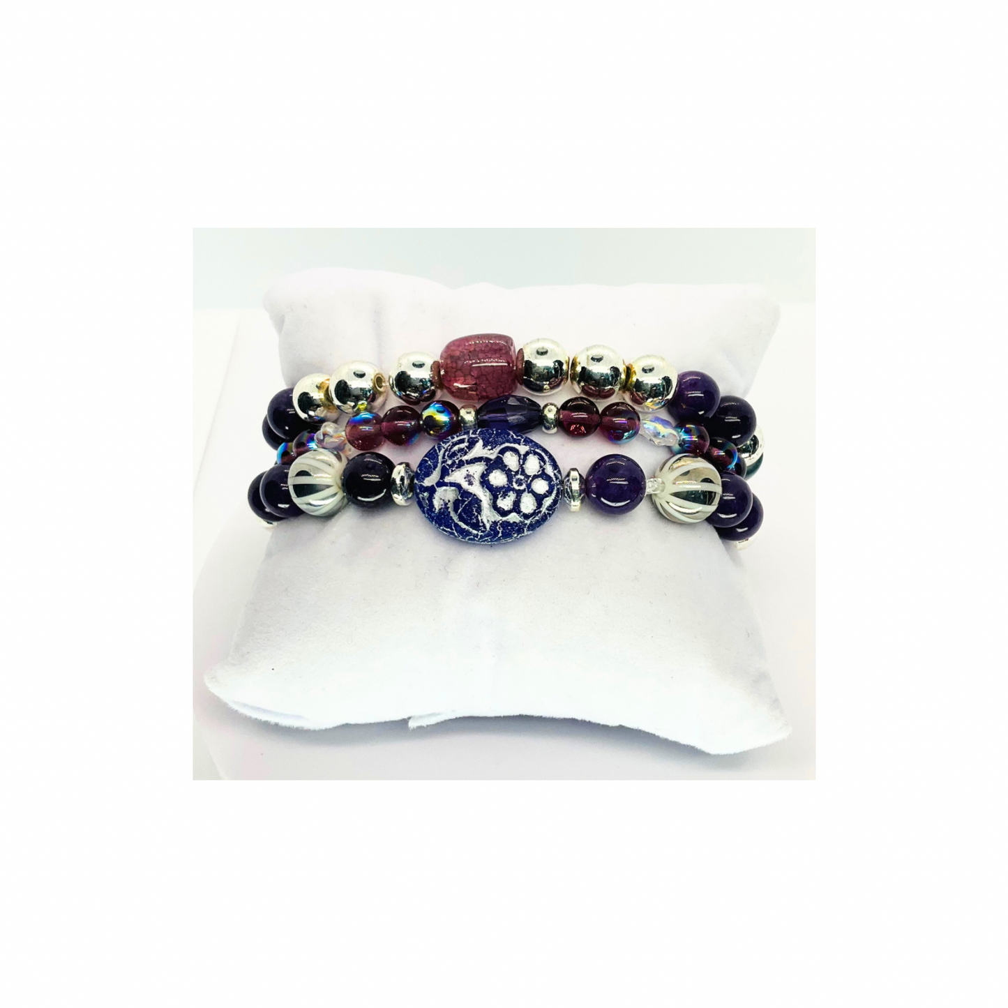 Eggplant Purple Stacked Stretch Set of Three Bracelets with Unique Beads & Floral Design for Everyday Wear