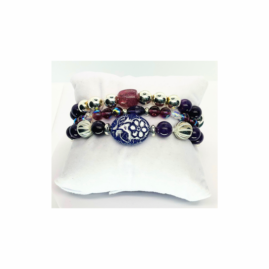 Eggplant Purple Stacked Stretch Set of Three Bracelets with Unique Beads & Floral Design for Everyday Wear