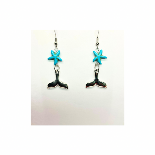 Ocean Collection Starfish with Silver Mermaid Tail Dangle Earrings for Female Women's Fashion Jewelry