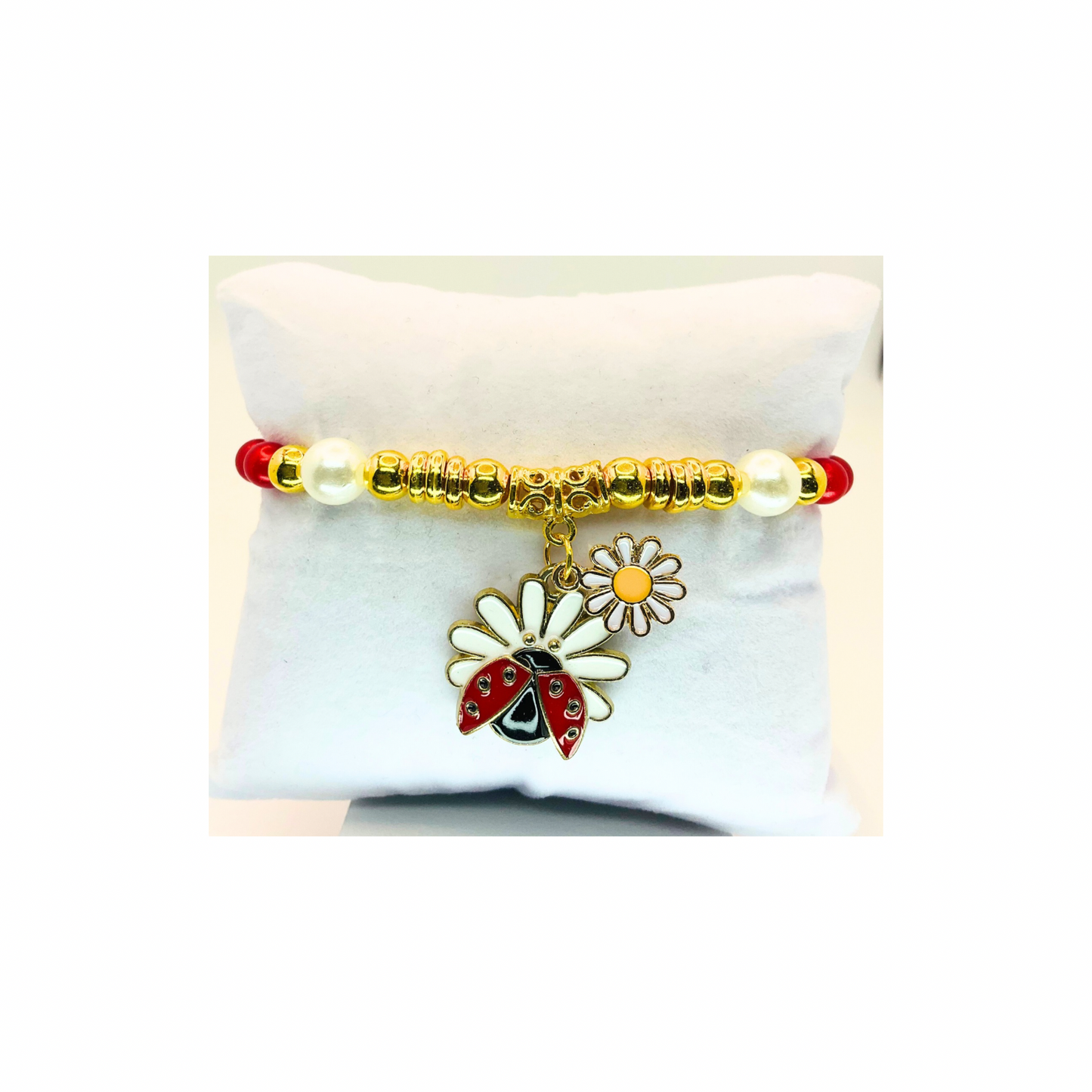 Red and Pearl Beaded Stretch Bracelet with Ladybug charm-Crafting By BB