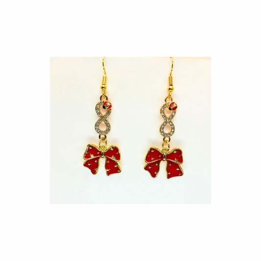 Red and Gold Bow with Ladybug Rhinestone Dangle Earring
