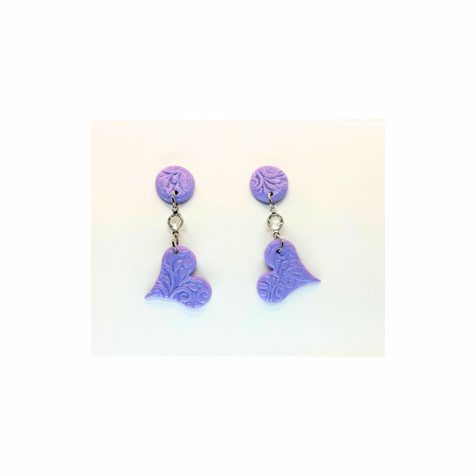Purple Heart Dangle with Rhinestone and Button Stud Earrings