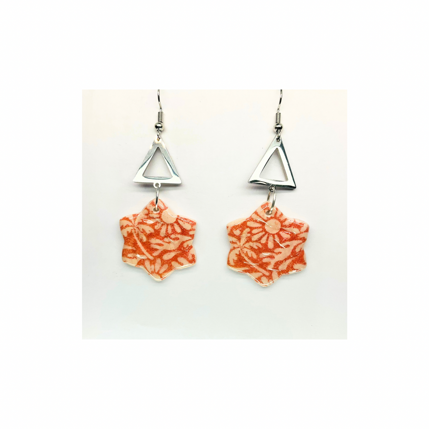 Beach Bloom Collection Salmon Star Shape Dangle Earrings with Orange Floral Design and Silver Triangle Top