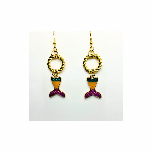 Mermaid Collection Bright Tail with Gold Dangle Earring - Colorful Mermaid Design & Gold Woven Loop Charm