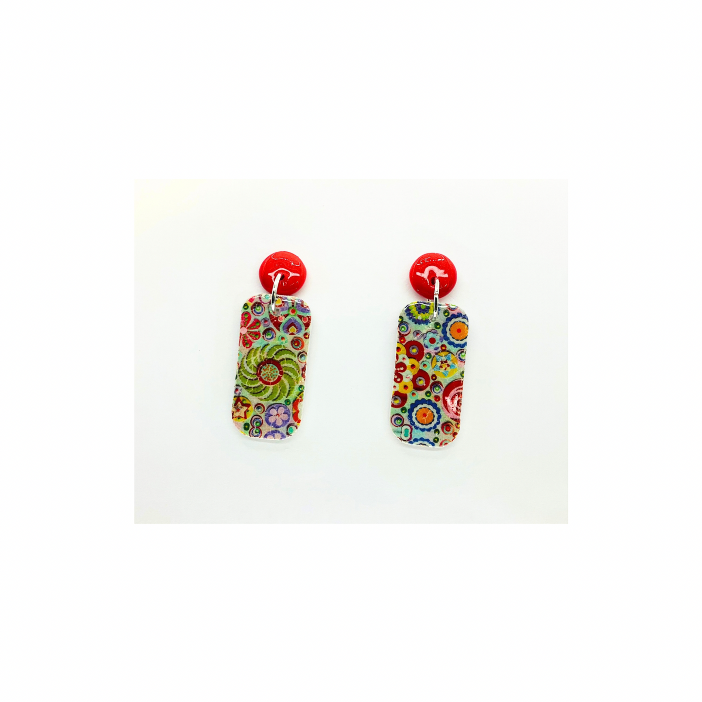 Whimsical Red and Green Rectangle Dangle with Red Button Stud Earrings for Festive Outfits